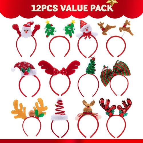 JOYIN Christmas Headbands - 12 Assorted Designs for Holiday Parties | One Size Fits All
