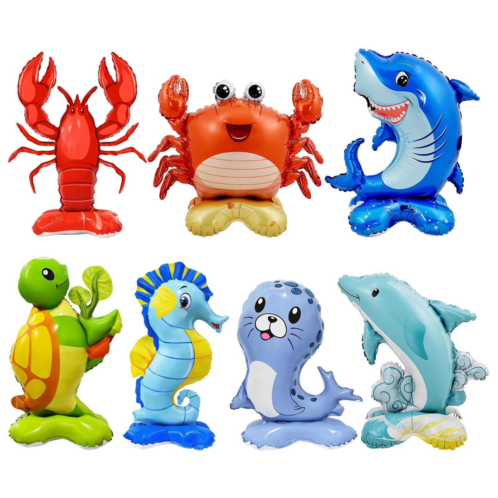7 Pcs Ocean Animal Balloons - Standing Turtle Seahorse Dolphin Shark Crab Lobster Sea Lion Foil Balloons for Under The Sea Themed Party Decorations