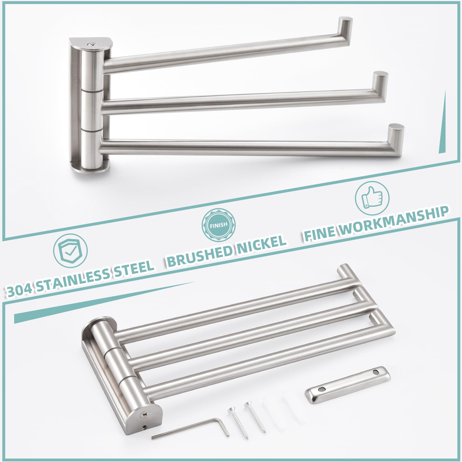 APLusee Brushed Nickel Swivel Towel Rack, 304 Stainless Steel Foldable Towel Bar with Three Swing Arm, Wall Mounted