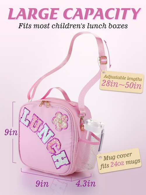 Alphatool Insulated Kids Lunch Bag with Adjustable Strap - Reusable Easy to Clean Lunch Bag for Girls, Hold Kids Lunch Box Snacks Water Bottles for School, Pink