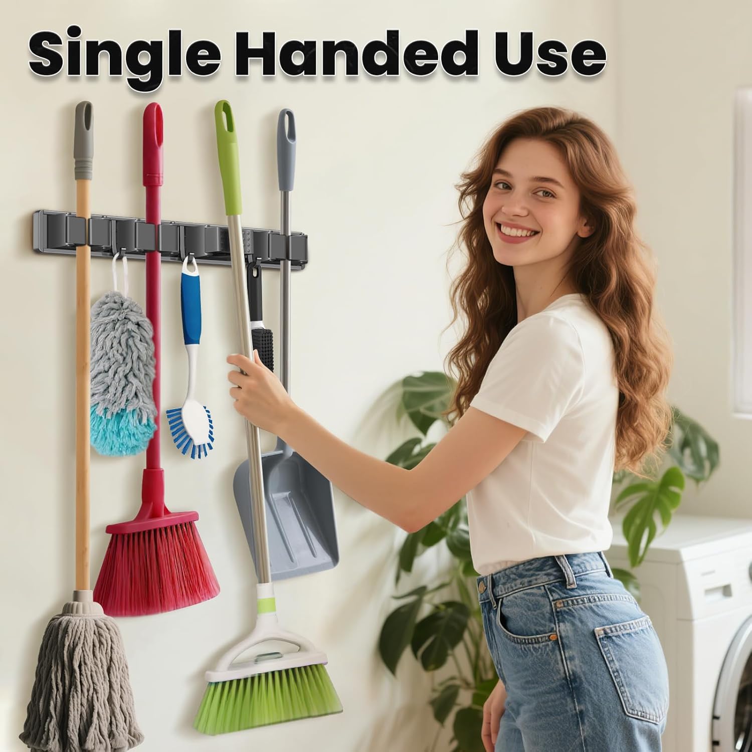 Skiennix Broom Holder Wall Mount - Organize Mops & Brooms with 4 Racks & 3 Hooks | Grey