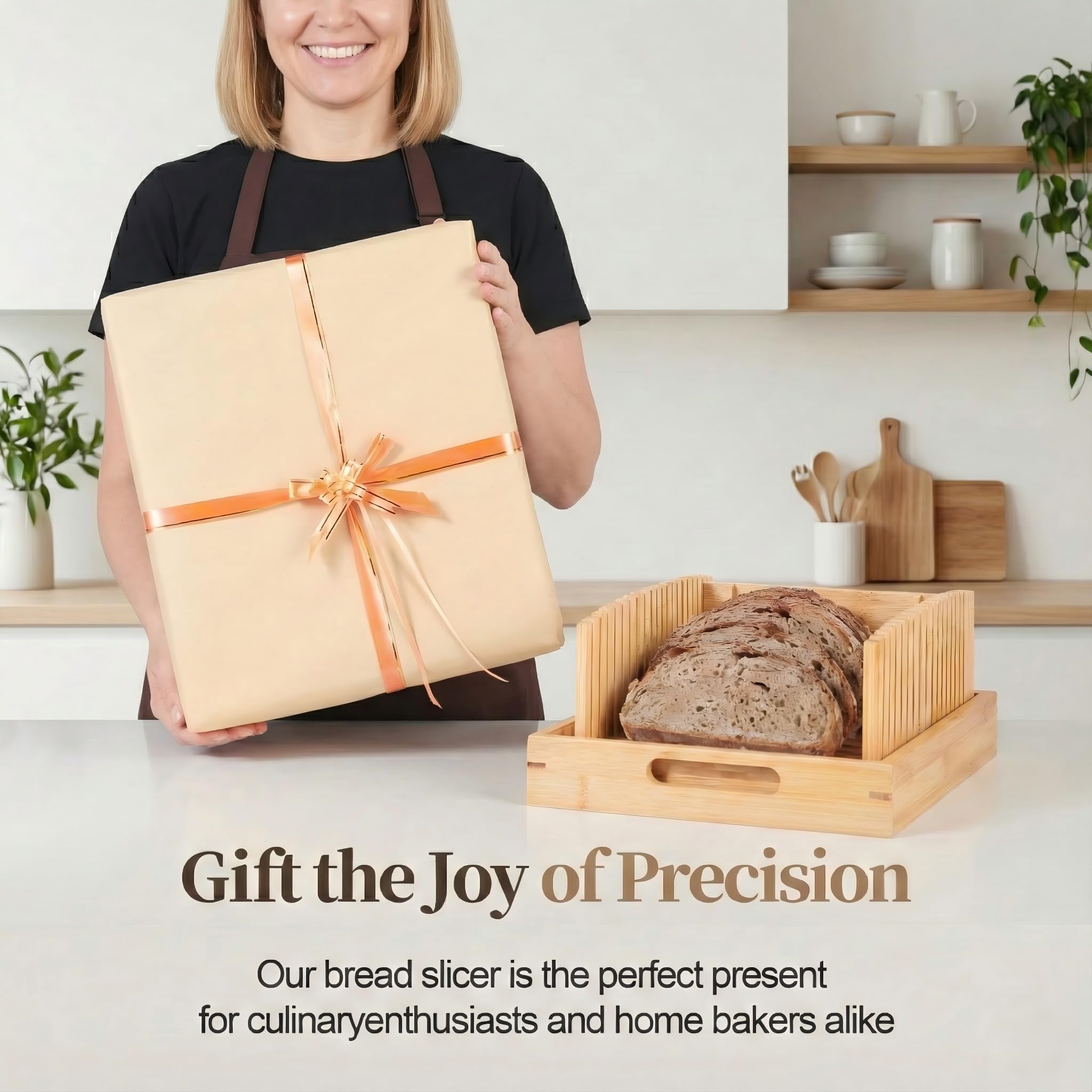 10.5" Bamboo Bread Slicer for Homemade Bread - Sourdough Slicing Guide with Crumb Catcher & Stable Mortise-Tenon Structure - Baking Gifts for Valentine's Day