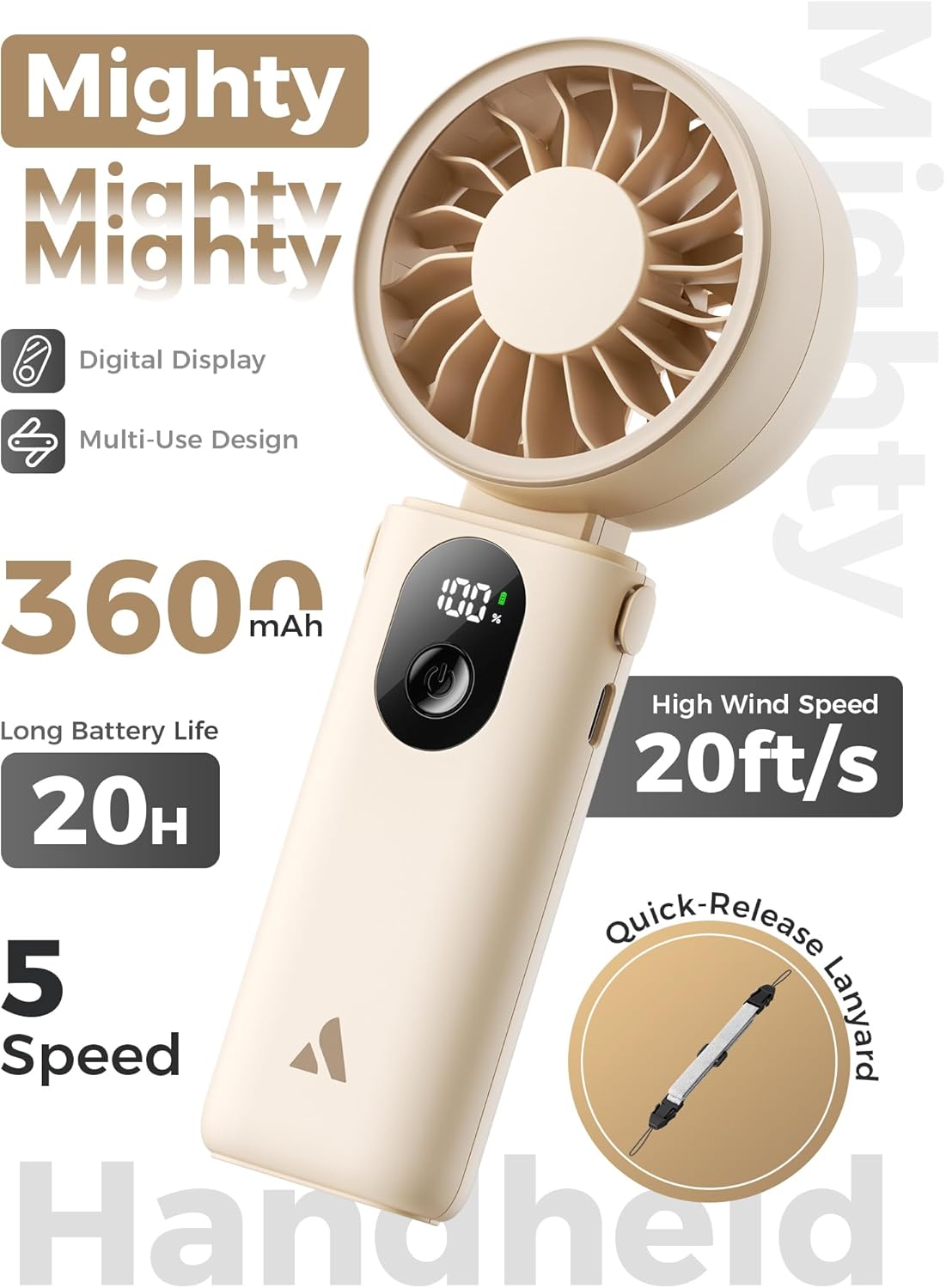 Aecooly Portable Handheld Fan - 20H Max Cooling Time | 5 Speed Settings | USB Rechargeable - Beige