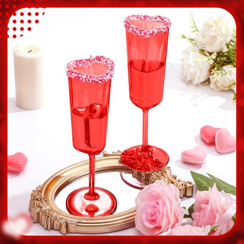 Teenyyou 6 Pcs Valentine's Day Red Champagne Flutes 6 oz Heart Shaped Acrylic Champagne Flutes Valentine's Day Party Wine Cups Red Goblets Glasses for Wedding Anniversary New Year Party Supply