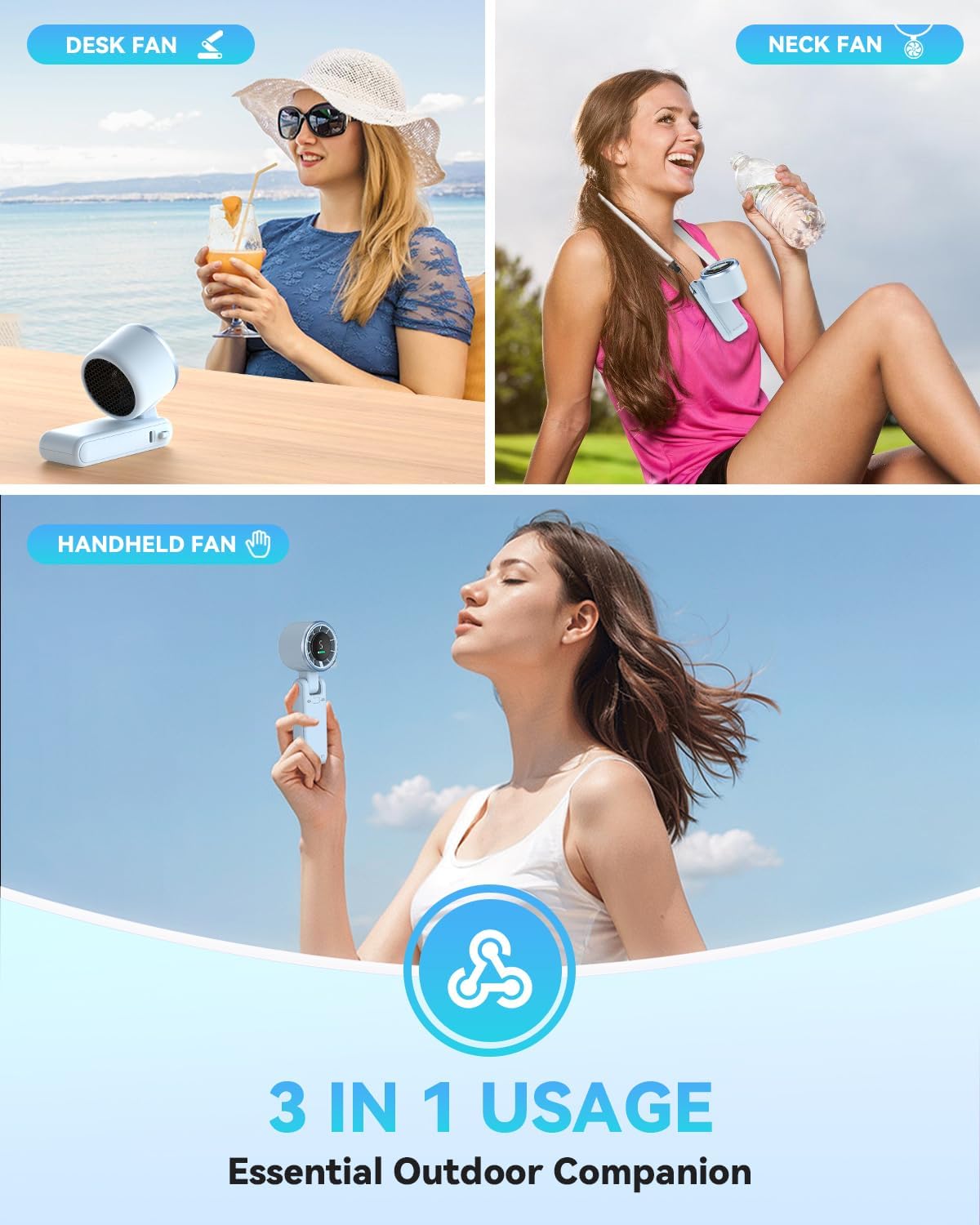 PlayHot Portable Handheld Turbo Fan - 5-Speed Rechargeable Personal Fan | 5000mAh Battery, 12-Hour Use, Lightweight 0.6lb, 3-in-1 Hand/Neck/Desk Fan (Blue)