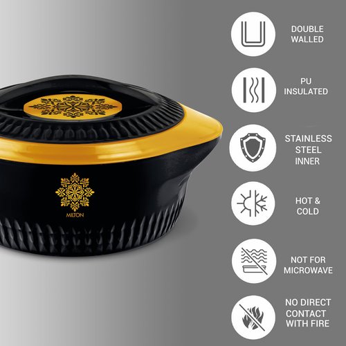 MILTON Royal Regular Casserole 5000/7500/10000, Set of 3, (4.5 Ltrs, 7.5 Ltrs, 10 Ltrs), Black Gold | BPA Free | Food Grade | PU Insulated | Hot & Cold