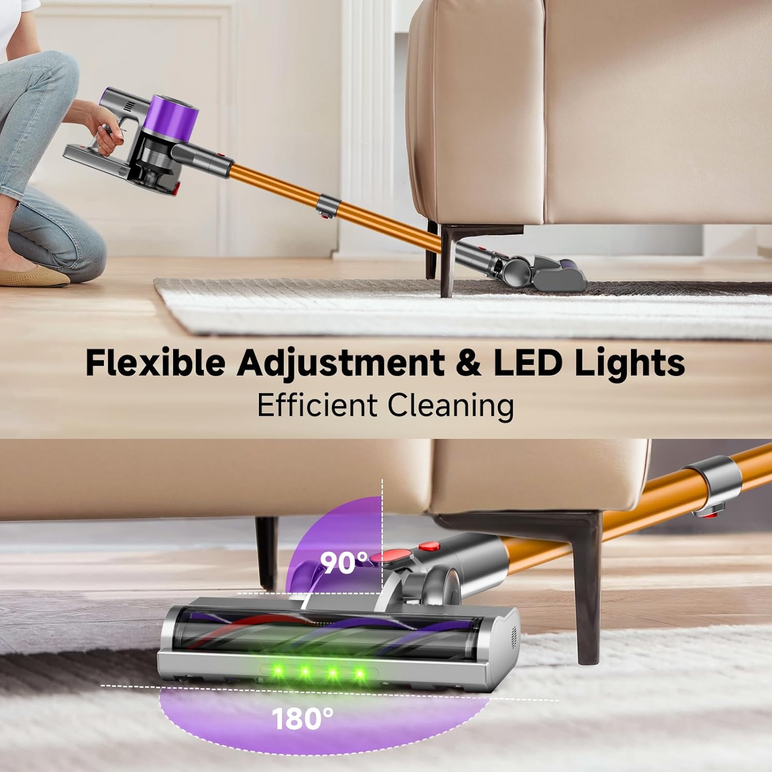 Skiennix Cordless Stick Vacuum Cleaner - 40Kpa Powerful Suction with LED Headlight | 8-in-1 Lightweight for Pet Hair & Hard Floors - Purple