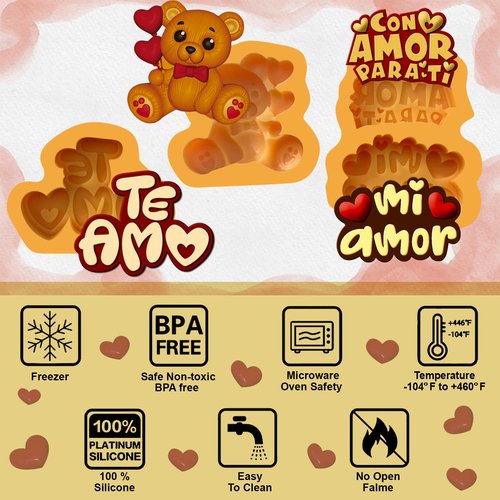 Valentines Day Heart Silicone Molds with Spanish Phrases – i love you fondant mold with Perfect Size for Chocolate-Covered Strawberries, Cupcakes topper, Candy Mold Love.
