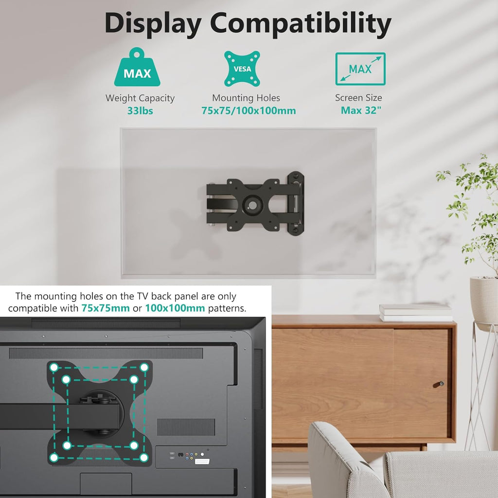 WALI Full Motion TV Wall Mount - 15-Inch Extension Arm for 13 to 32-Inch LED Screens | Black, 2-Pack