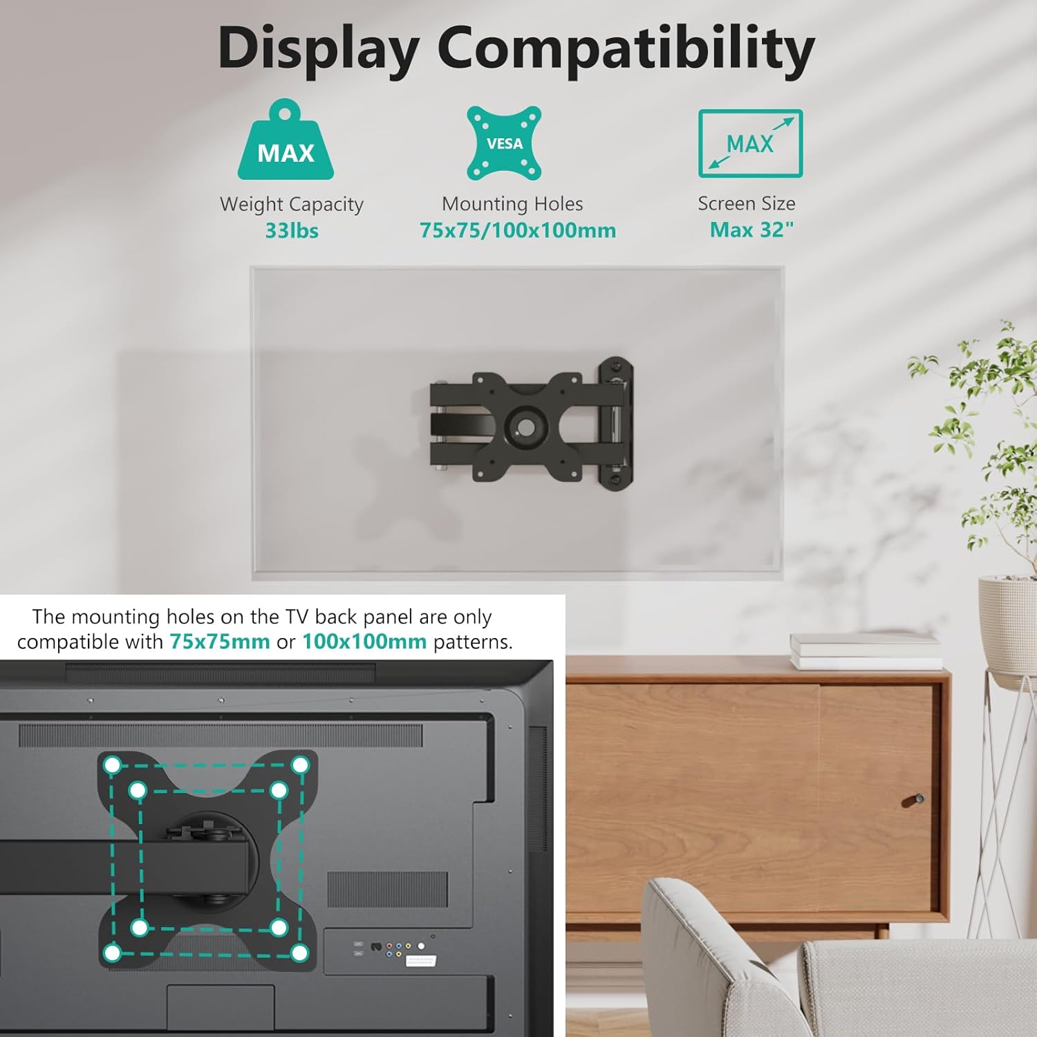 WALI Full Motion TV Wall Mount - 15-Inch Extension Arm for 13 to 32-Inch LED Screens | Black, 2-Pack