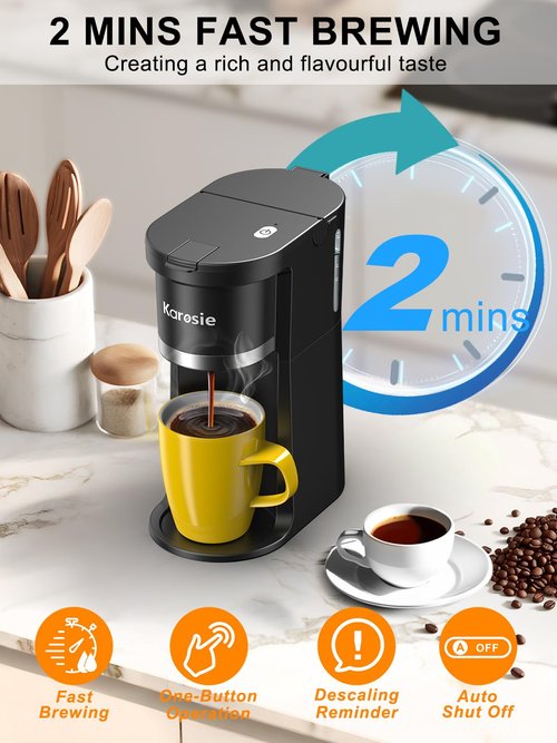 Karosie Small Single Serve Coffee Maker, Fast Brew for K-Cup & Ground Coffee, 6-12 Oz Brew Sizes, One-Button Single Cup Coffee Maker, Coffee Machine with Descaling Reminder