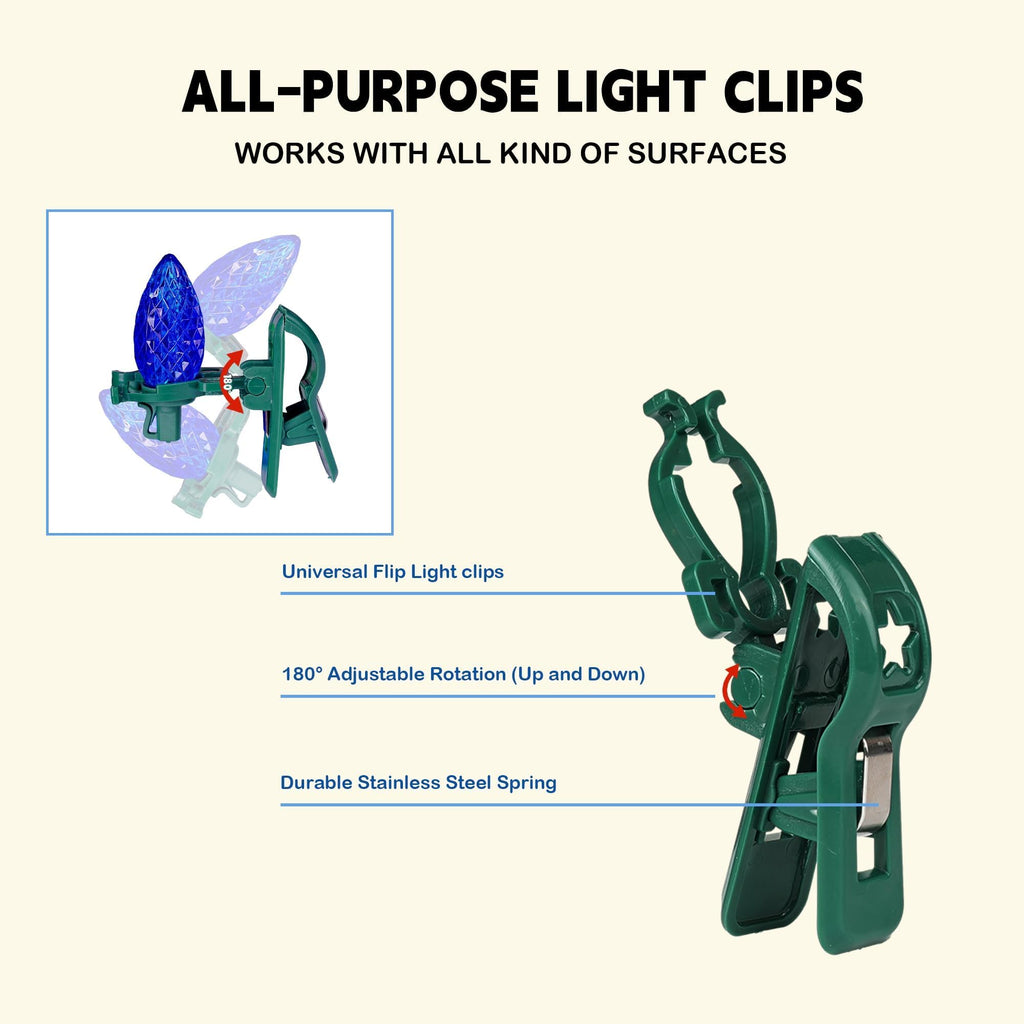 TW SHINE C7 C9 Christmas Lights Spring Clips, 100 Pack Holiday Lights Universal Quick Spring Clips for E12 E17, Weatherproof Shatterproof Clips Outdoor for Roof Fence Shingle Gutter