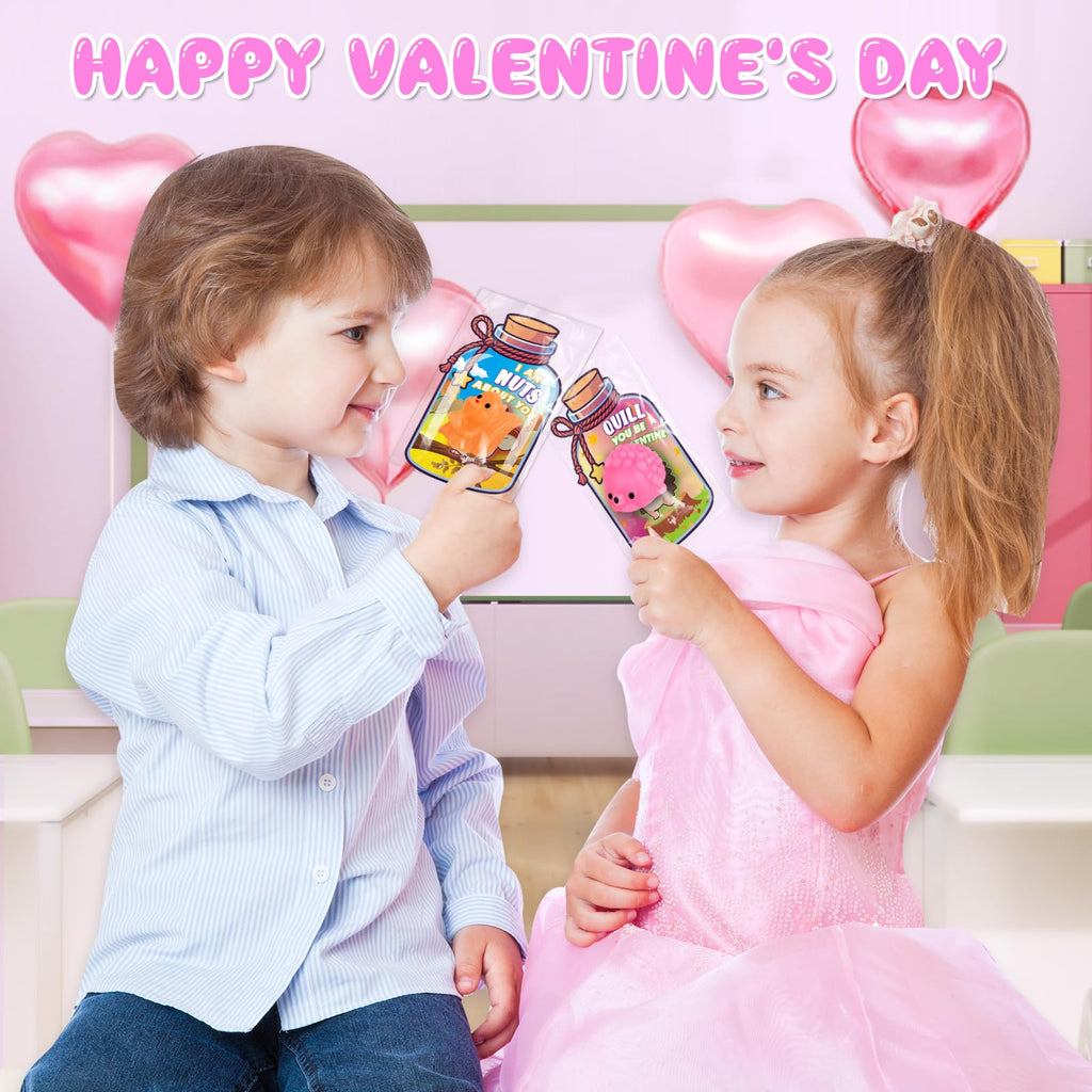 Valentines Day Gifts for Kids School, 32 Pack Cute Kawaii Mochi Squishy Toys Glow in The Dark with Animal Valentines Day Card, Fidget Squishy Toys for Classroom Class Exchange Party Favors