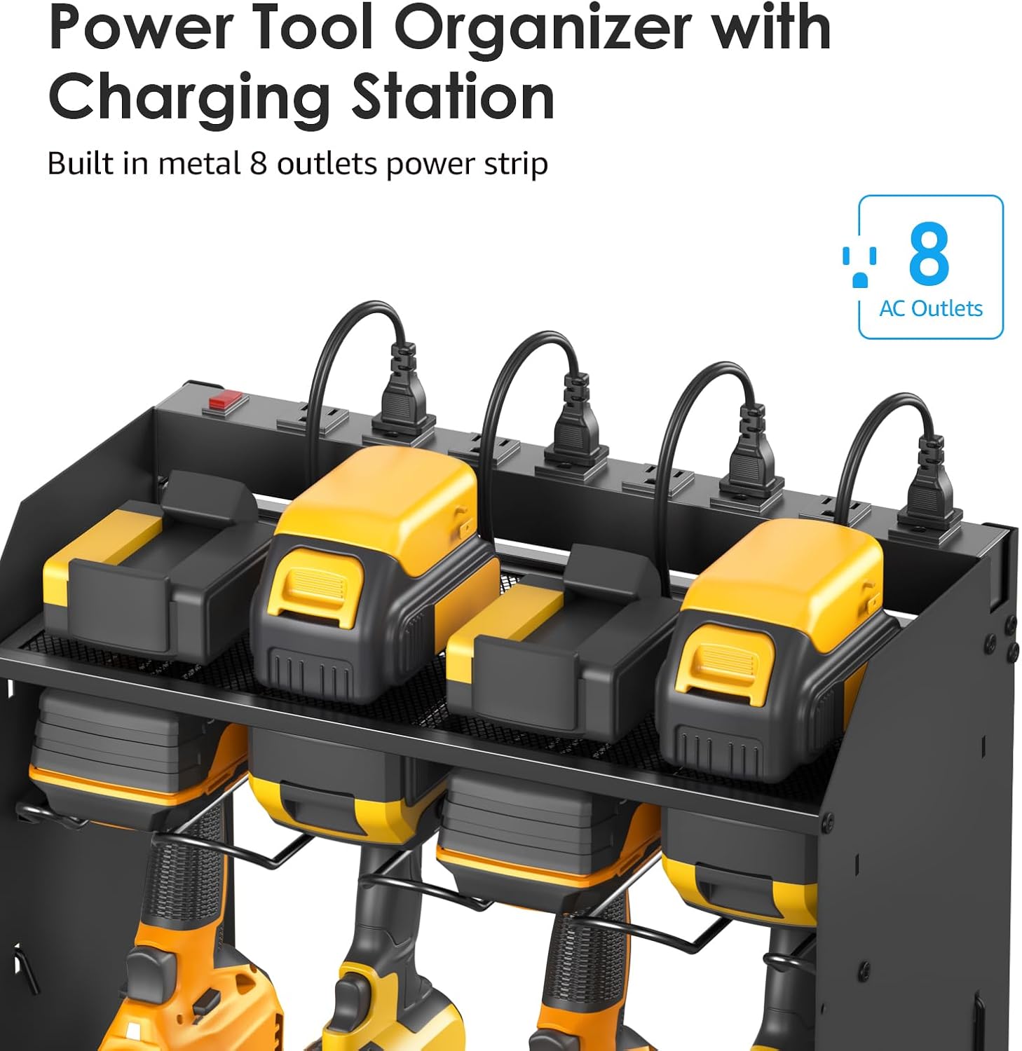 CCCEI Wall Mount Tool Organizer - 39 Inch Power Tool Storage Rack with 6FT Power Strip & 8 Drill Holders