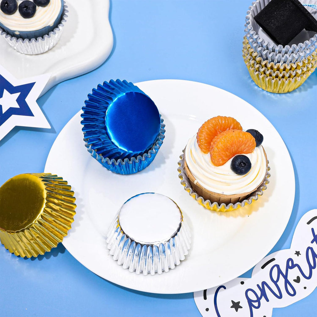 Whaline Graduation Cupcake Liners - 150Pcs Blue, Silver & Gold Foil Baking Cups for Party Celebrations