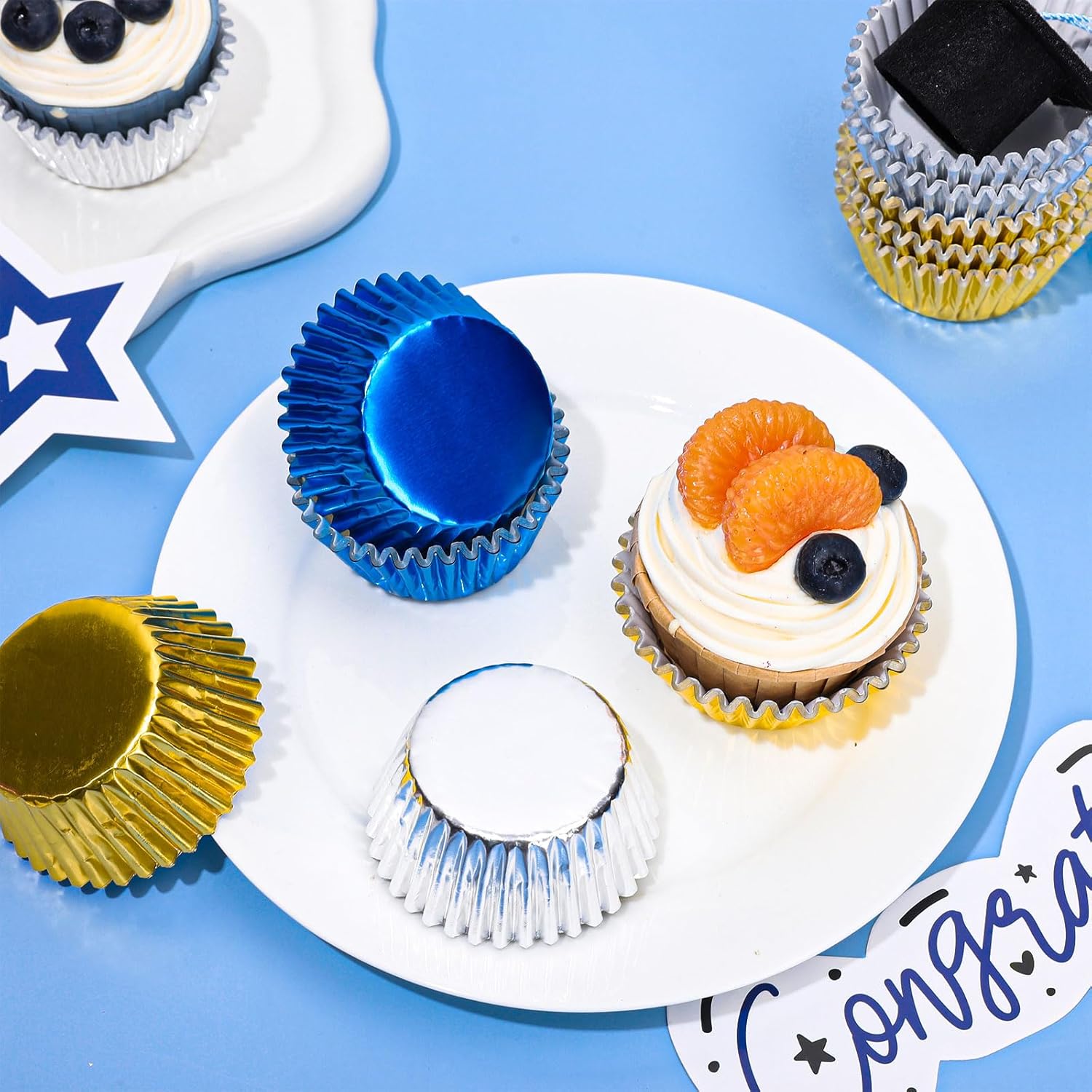 Whaline Graduation Cupcake Liners - 150Pcs Blue, Silver & Gold Foil Baking Cups for Party Celebrations