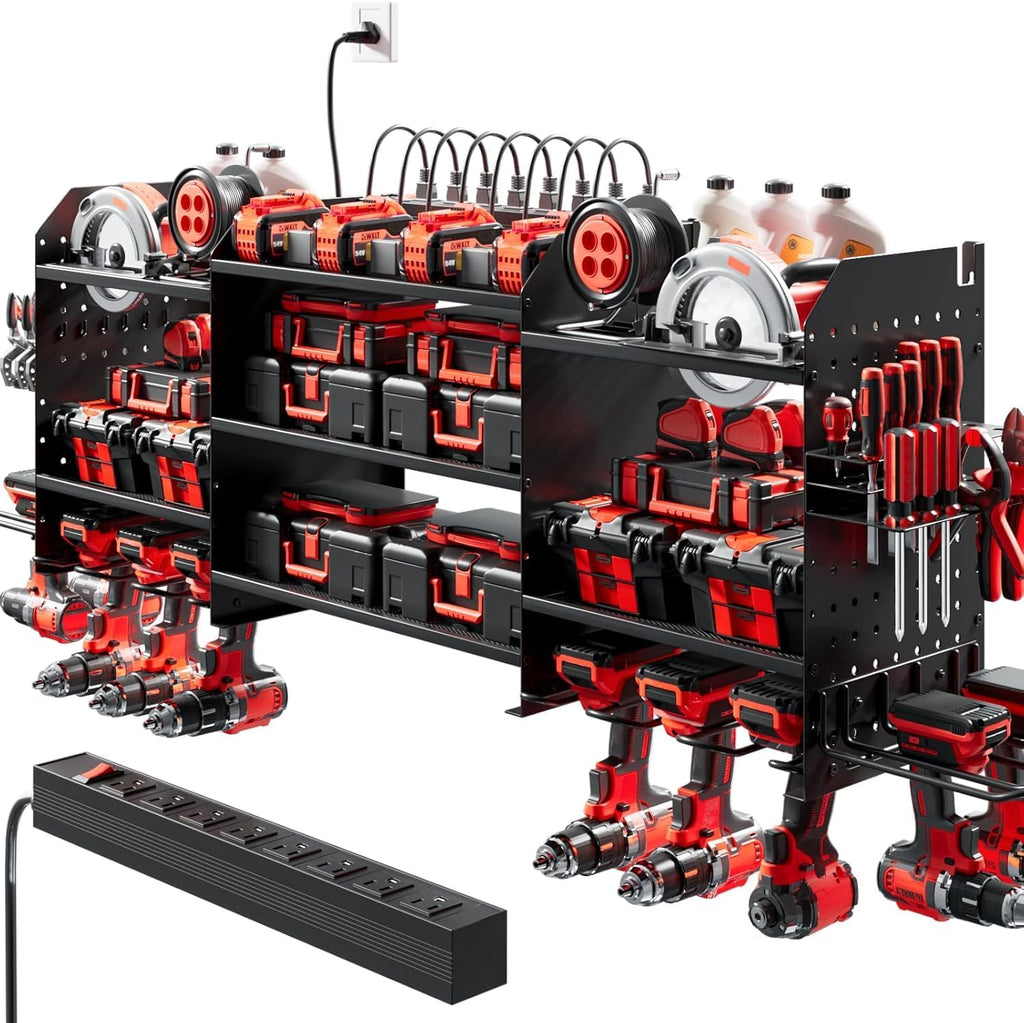 Upgrade Large Power Tool Organizer - Wall Mount with Charging Station & 10 Drill Holders for Garage