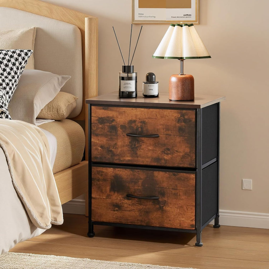 Regine Switzerland Nightstand - Small 2 Drawer Dresser with Wooden Top & Fabric Bins | Brown, 11.8" D x 18" W x 20" H