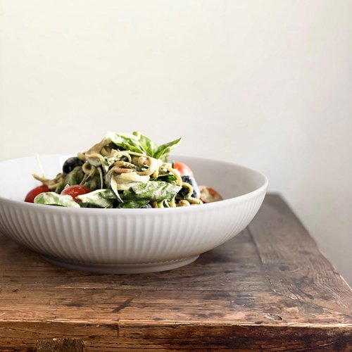 Artena Pasta Bowls Set of 4 - 32oz Ceramic Striped Salad Bowls | 8-Inch Wide Shallow Serving Bowls
