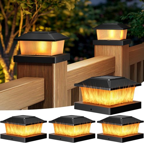 Btfarm Solar Flame Post Cap Lights - Waterproof Flickering 4-Pack for 4x4 & 3.5x3.5 Posts | Black