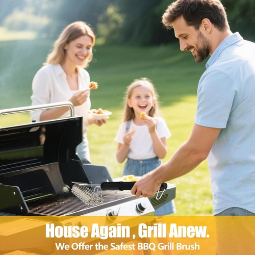 HOUSE AGAIN Grill Brush - Bristle-Free 304 Stainless Steel Head for Safe BBQ Cleaning | Ideal for Smoker & Charcoal Grills
