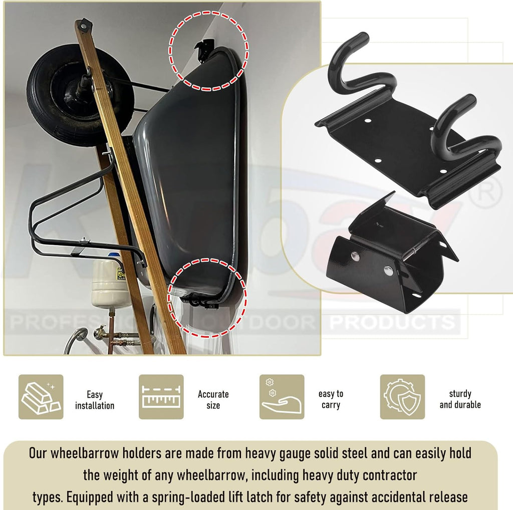 Wheelbarrow Storage Bracket by [Brand Name] - Heavy Duty 90 lbs Capacity with Spring Loaded Lift Latch