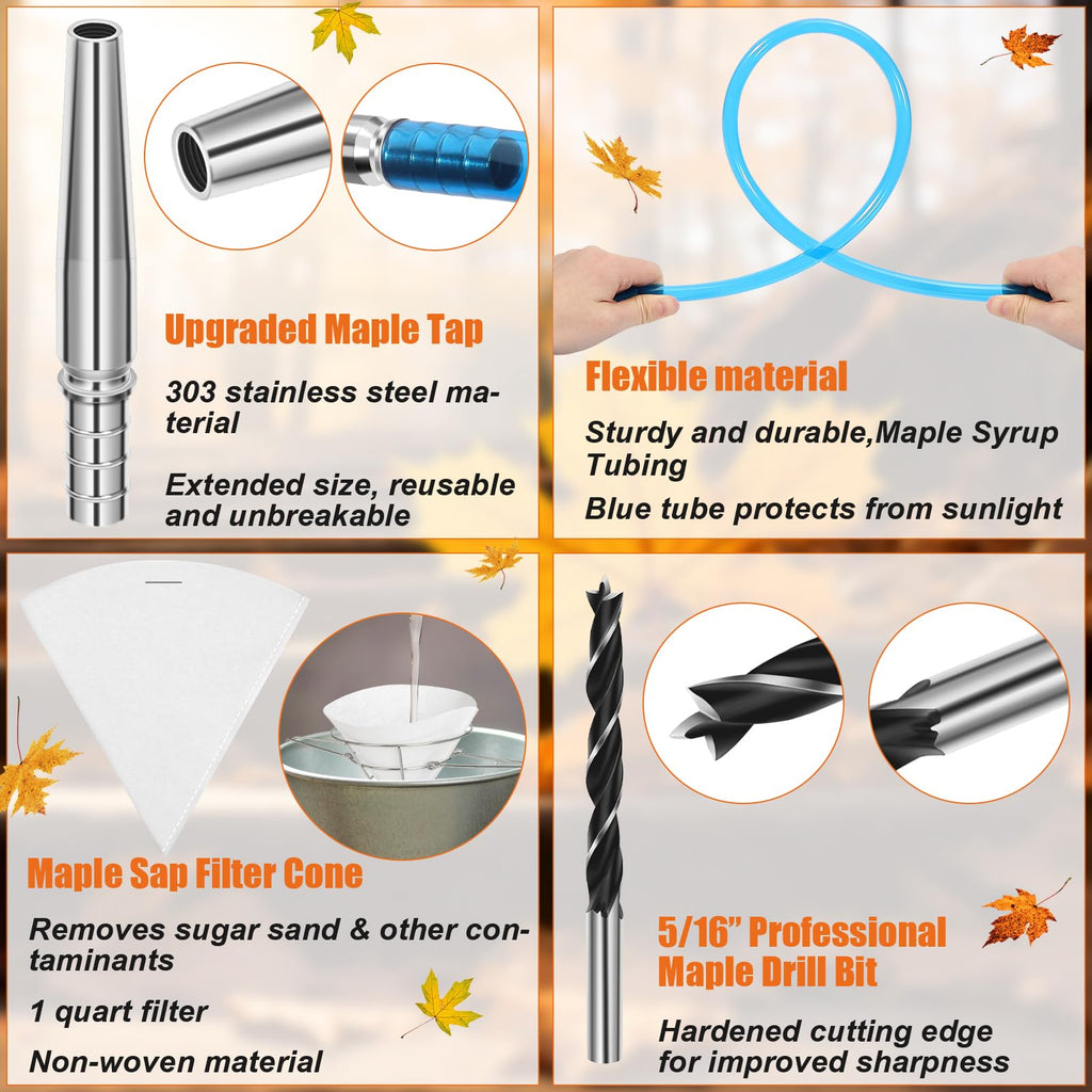 13Pcs Maple Syrup Tree Tapping Kit Include 7 Stainless Steel Maple Taps,22.9ft Maple Syrup Tubing,3 Maple Sap Filter,1 Cleaning Brush,1 Maple Tap Drill Bit for Maple Syrup Collection Supplies