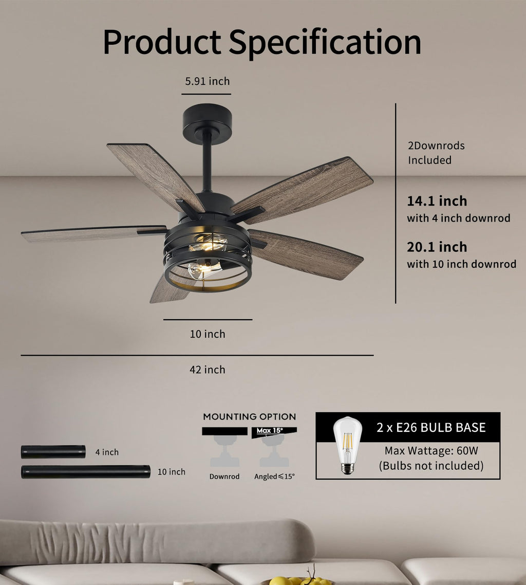 TAVZAKE 42 inch Ceiling Fans with Lights, Low Profile Ceiling Fan with Remote Control, 6 Speeds DC Reversible, 5 Blades, Classic Ceiling Fans for Living Room and Garage
