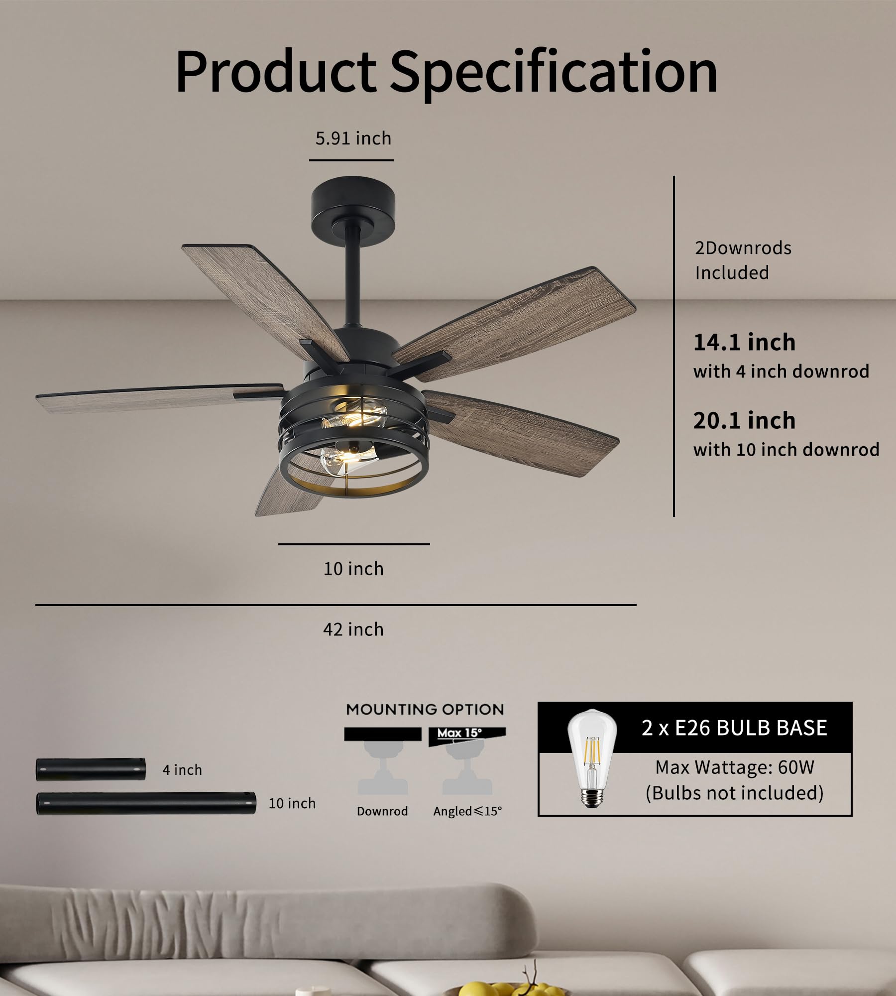 TAVZAKE 42 inch Ceiling Fans with Lights, Low Profile Ceiling Fan with Remote Control, 6 Speeds DC Reversible, 5 Blades, Classic Ceiling Fans for Living Room and Garage