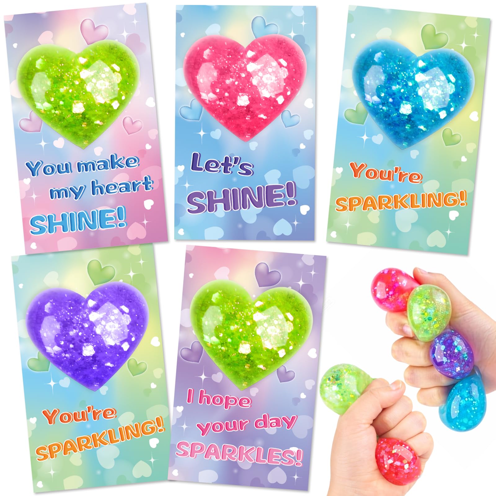 NEUBSAW 24 Packs Valentine's Day Cards with Stress Squishy Hearts Toy for Classroom Exchange, Valentine's Gifts Party Favors for Boys Girls School, Prizes for School