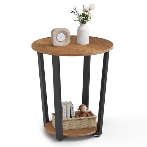 VASAGLE Round Side End Table, 2-Tier Accent Bedside Table with Storage Shelf, Easy Assembly, Nightstand for Small Spaces, Living Room, Bedroom, Honey Brown and Ink Black ULET057KB01S