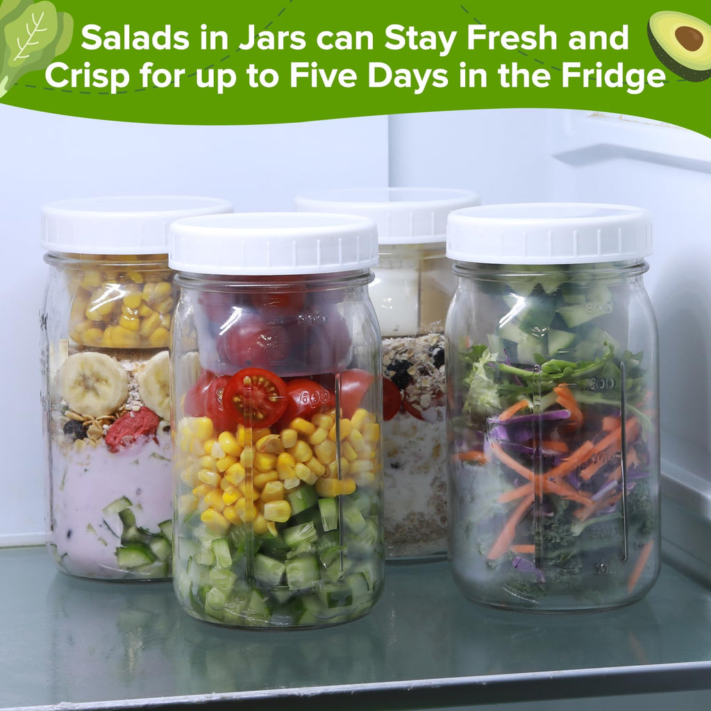 Fusnugk 4 Pack Glass Salad Mason Jars with Lids Meal Prep 32 oz Wide Mouth