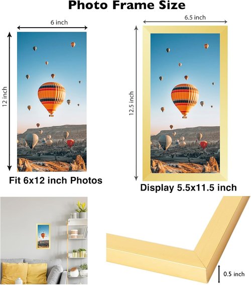 JCJMY Gold 6x12 Picture Frame - Wall Hanging & Mounting, Shatter Resistant Plexiglass