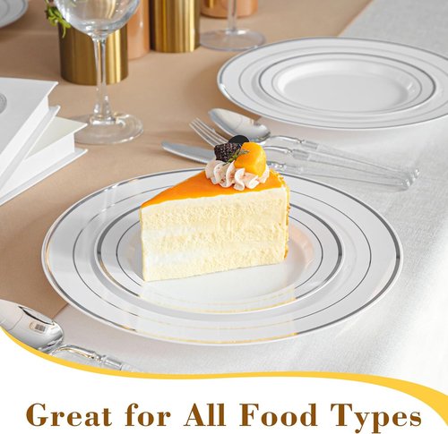 Elegant Disposable Party Plates - 200PCS Silver Rimmed Dinner & Dessert Plates Set