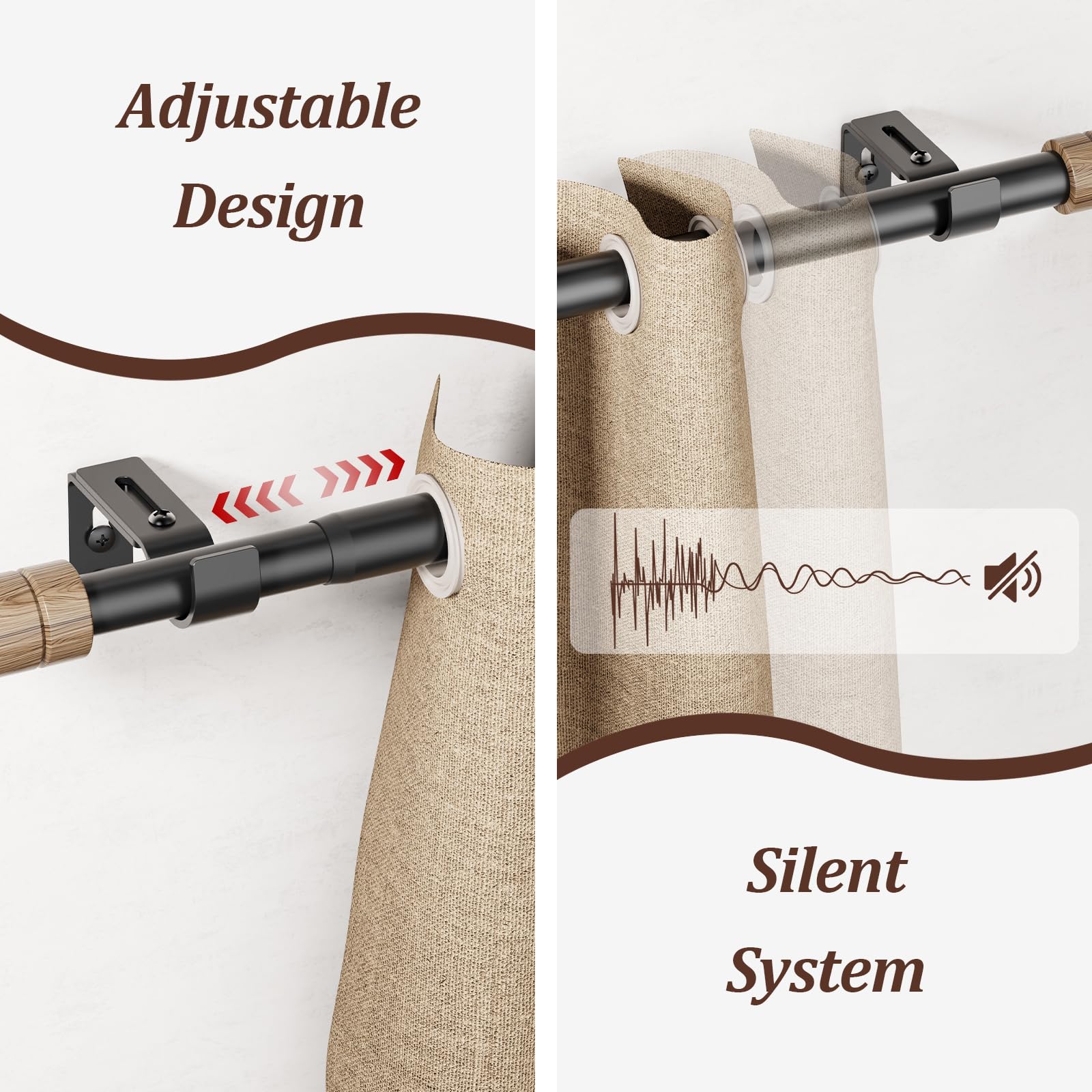 SMODBRODRE Wood Curtain Rods for Windows 66 to 120 Inches, Adjustable Length 1 Inch Heavy Duty Window Curtain Rod with Decorative Finials for kitchen,Room