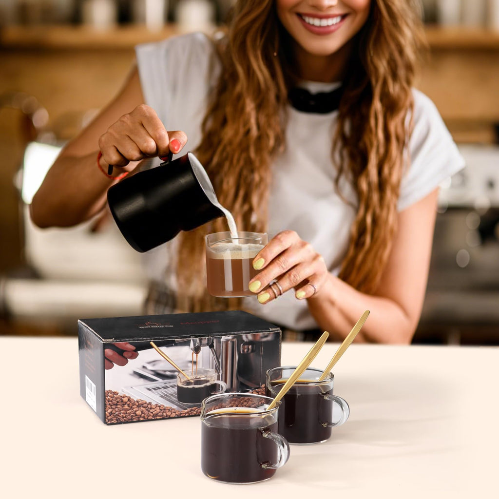 Mcupper 2 Pack Espresso Cups 4 OZ, Double Spouts Cups with Handle and 2 Stainless Steel Spoons, Espresso Shot Glasses, Milk Cup, Clear Glass for Espresso Machine