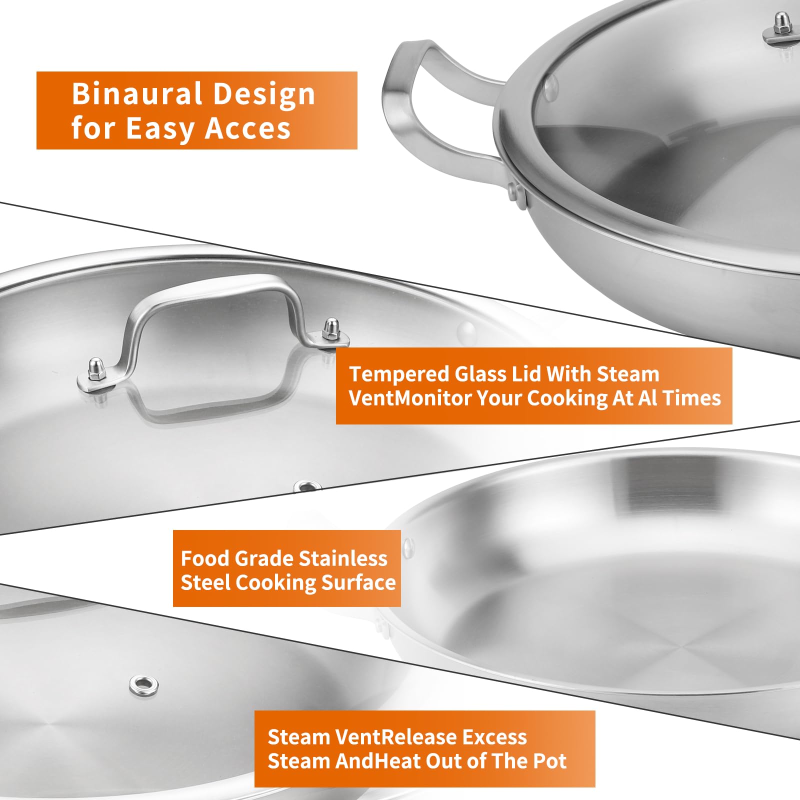Yeksum Tri-Ply Stainless Steel Paella Pan Large Saute Pan with Lid (Stainless Steel, 13.5 INCH)