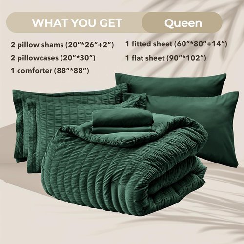 HYMOKEGE Queen Comforter Set - Emerald Green Seersucker 7-Piece Luxury Bedding Set for All Seasons