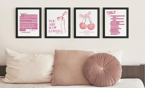 **DSHFG Cute Preppy Pink Bow Bible Verses Wall Decor - Set of 4 Christian Prints for Teen Girls' Bedroom | 8x10 Unframed**