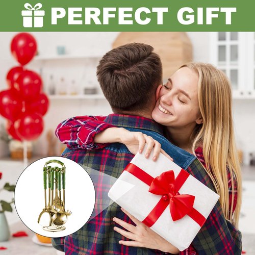 KEJJRIUTN 9 Piece Kitchen Utensil Set, Kitchen Accessories for Cooking, Gold Stainless Steel with Green Handles, Cooking Tools with Stand