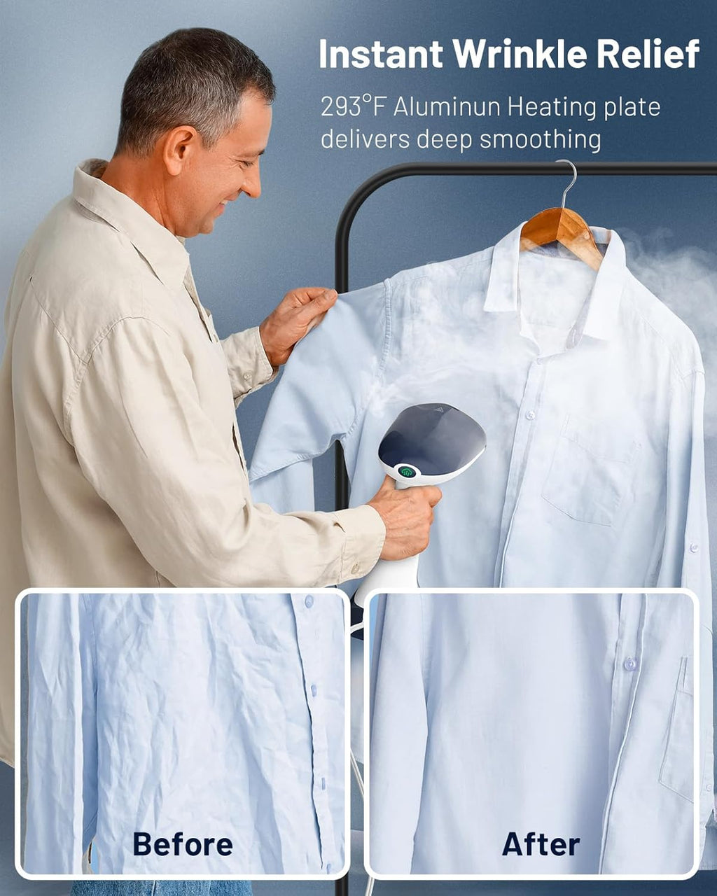 Beautural Portable Clothes Steamer - Fast 35-Second Heat-Up, Large Detachable Water Tank, Blue