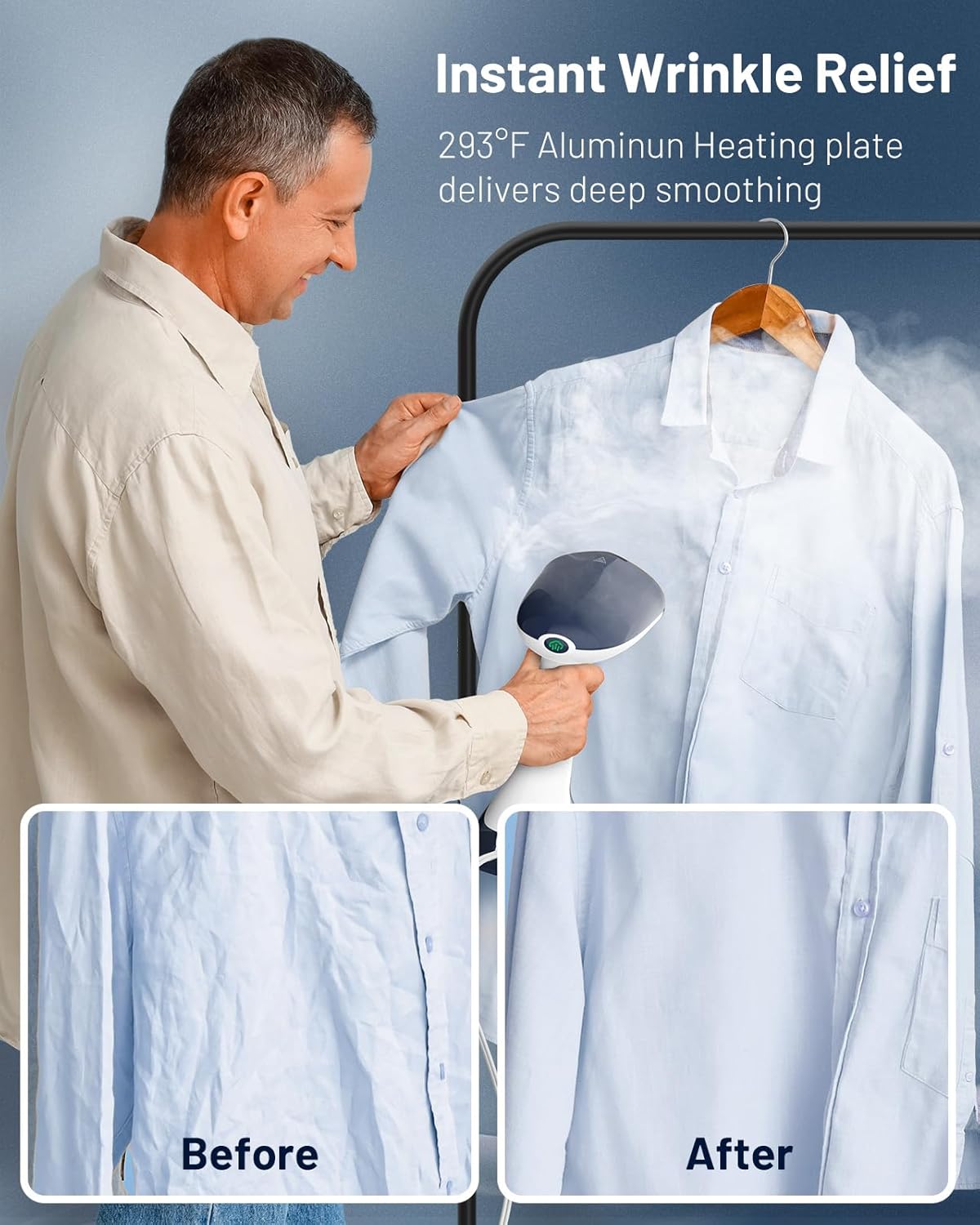 Beautural Portable Clothes Steamer - Fast 35-Second Heat-Up, Large Detachable Water Tank, Blue