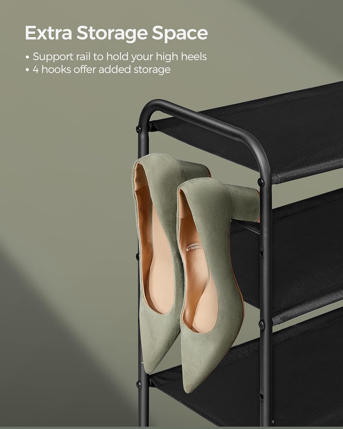 SONGMICS Shoe Rack - 3-Tier Fabric Organizer with 4 Hooks | Holds 18 Pairs, Height-Adjustable, Ink Black