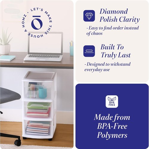 HOMZ 3-Tier Rolling Storage Cart - White Frame with Clear Bin Drawers for Home & Office Organization
