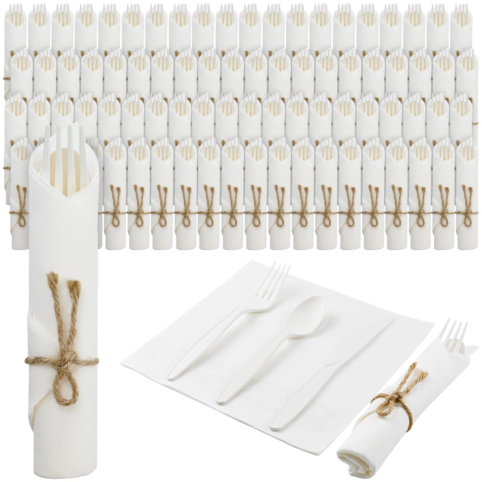 Pre Rolled Napkin Cutlery Set - Compostable Utensils 8" Large Disposable Utensils Wrapped Forks Knives Spoons Napkins Cornstarch Biodegradable Silverware Cutlery for Party (100)