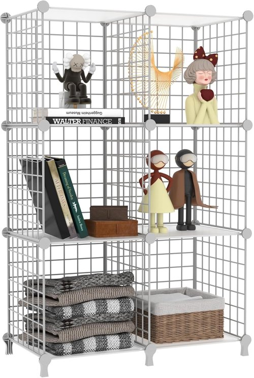 AWTATOS 6-Cube Storage Organizer - DIY Stackable Wire Shelves for Home Office | White Finish