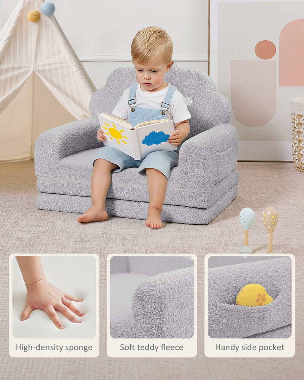 PIIKAGO 2-in-1 Kids Couch Fold Out, Soft Teddy Sherpa Toddler Couch with Crown Design, Convertible Kids Sofa to Lounger for Nap & Playtime, Cozy Children's Furniture for Boys & Girls, Grey