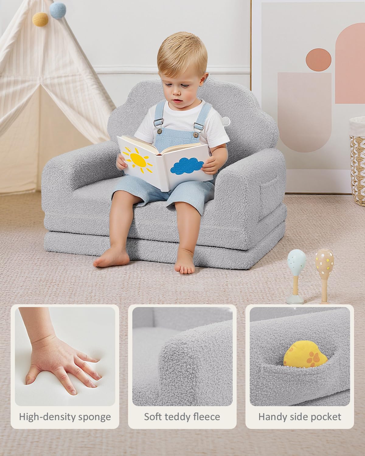 PIIKAGO 2-in-1 Kids Couch Fold Out, Soft Teddy Sherpa Toddler Couch with Crown Design, Convertible Kids Sofa to Lounger for Nap & Playtime, Cozy Children's Furniture for Boys & Girls, Grey
