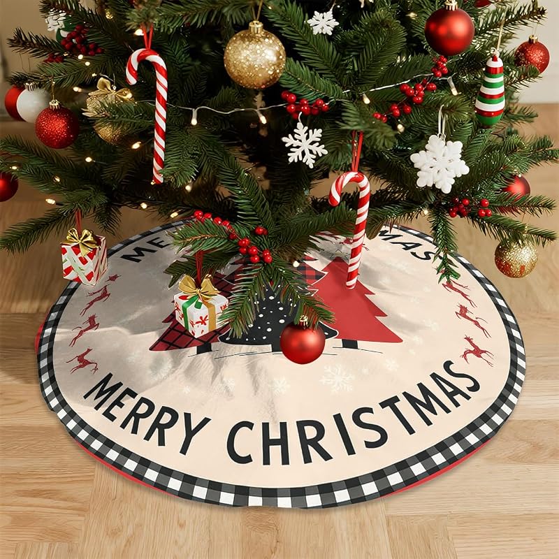 Buffalo Plaid Christmas Tree Skirt 30 Inch - Red & Black Snowflake Reindeer Xmas Mat, Xmas Tree Decor - Variation: Buffalo Plaid+30 inch