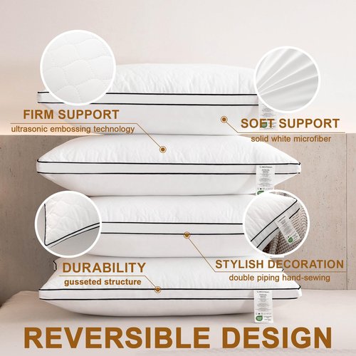 Bed pillows Reversible Queen Size Set of 4, Firm on One Side, Soft on the Other, Luxury Hotel Quality 3D Microfiber for Side, Back & Stomach Sleepers, Breathable Cover to Reduce Neck Pain 20*30